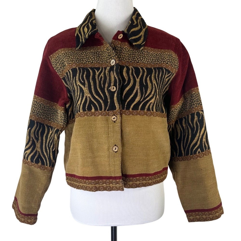 Tantrums Tapestry Jacket Animal Print Woven Button Front Burgundy Tan Womens M